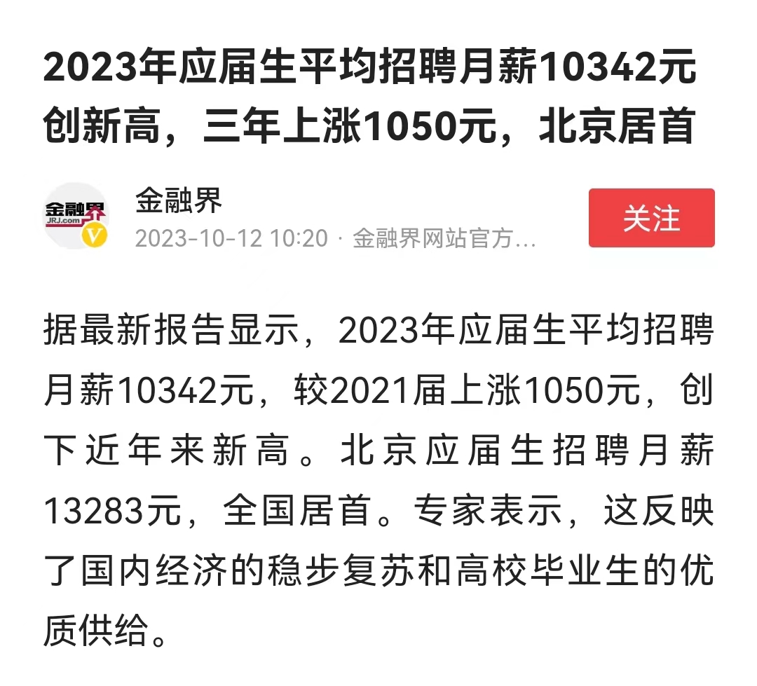 “月薪又被平均了”从统计数据来看，2023年应届生平均招聘月薪为10342元，有