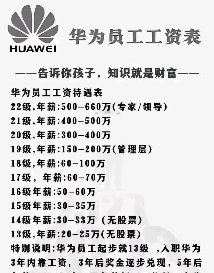 华为员工工资待遇表
22级年薪：500万—660万
20级年薪：300万—400
