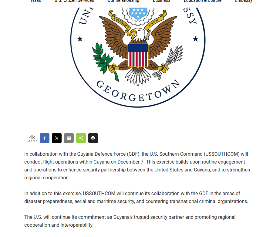 美国南方司令部飞机，进入圭亚那战斗警戒。委内瑞拉宣布公投，要出兵收复埃塞奎博地区