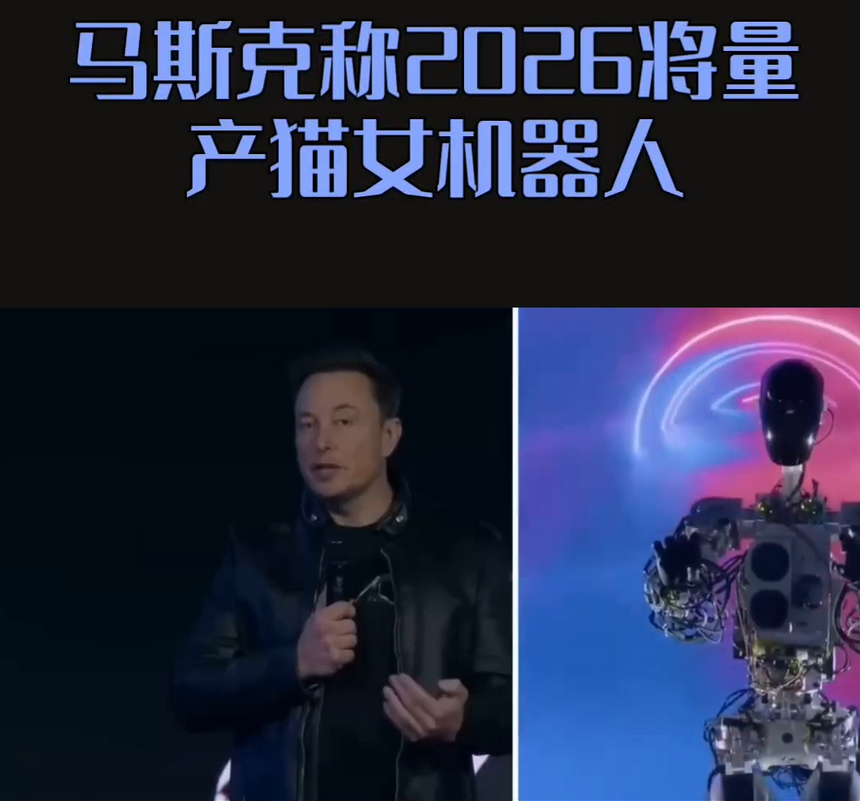 马斯克称2026将量产猫女机器人。
马斯克称2026将量产猫女机器人，大家快来看