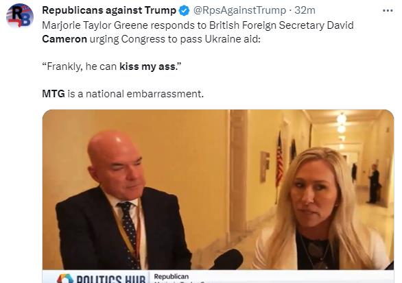 尴尬！ 美国国会女议员回应英国外交部长：“亲我的屁股！” 

英国外交大臣戴维·