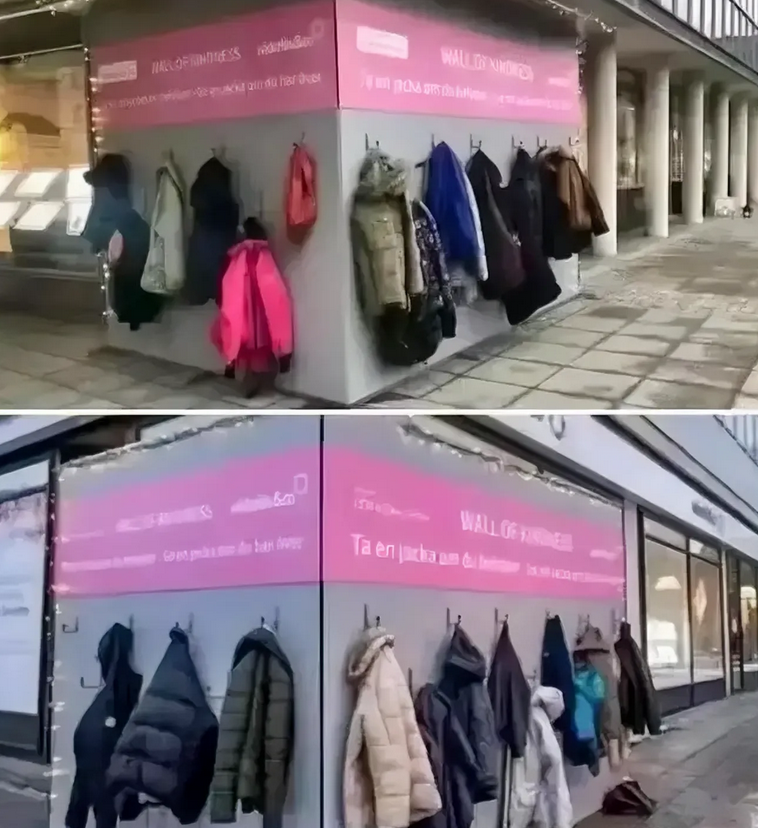 瑞典街头的服装墙：你要是冷，就拿一件；你要是想帮助别人，就挂一件。
寒冬腊月，这