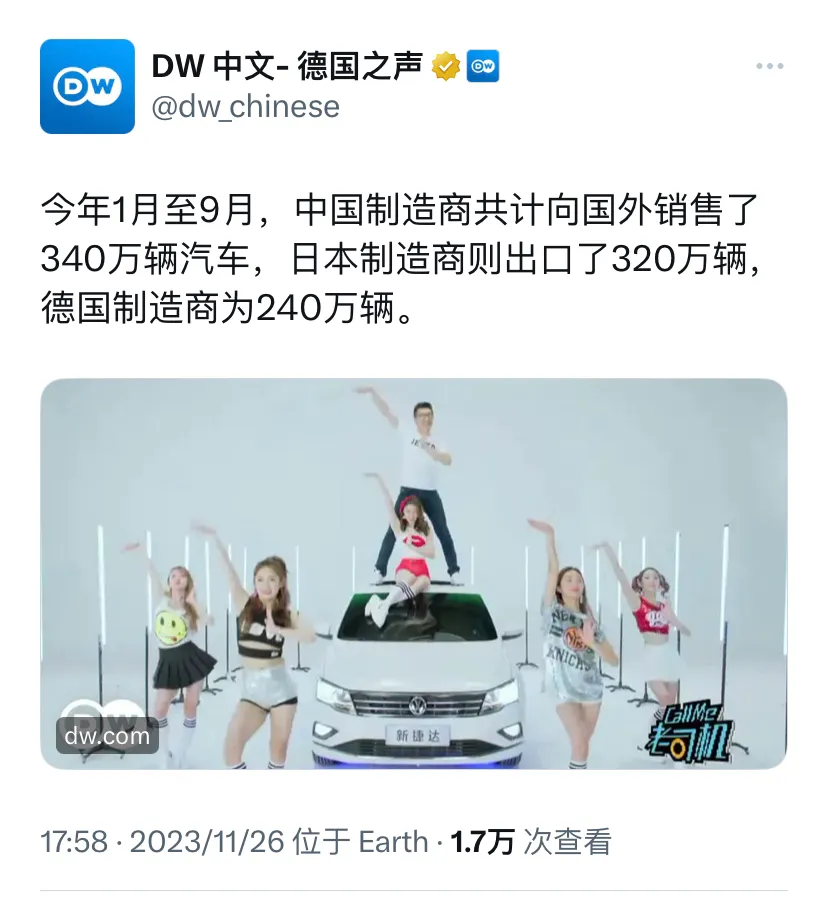 德国之声今天（11月26日）报道：“今年1月至9月，中国制造商共计向国外销售了3