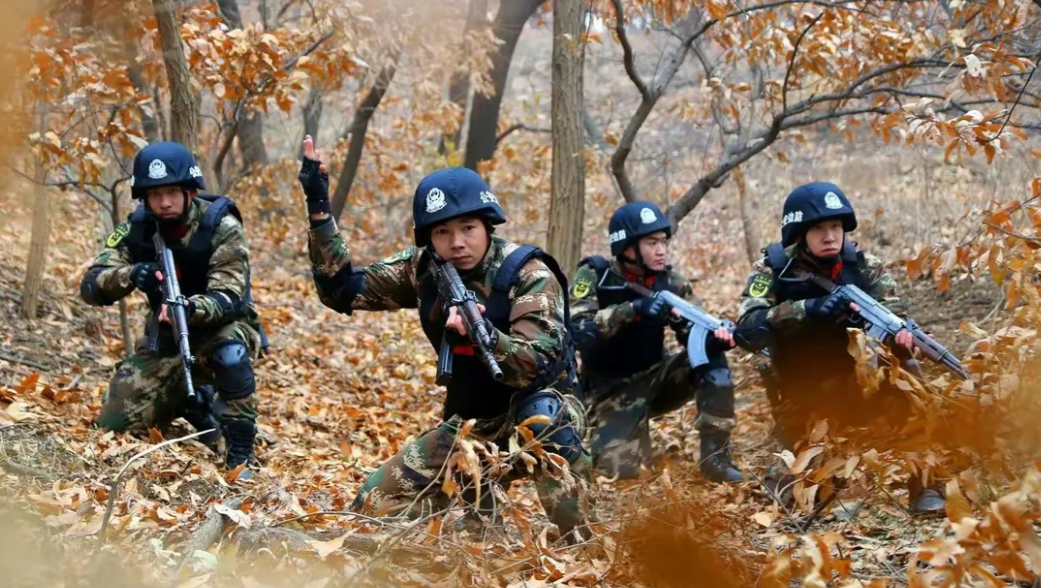 大家仔细看，他们头戴公安头盔，身穿武警迷彩服，手拿81式自动步枪。
可是他们到底