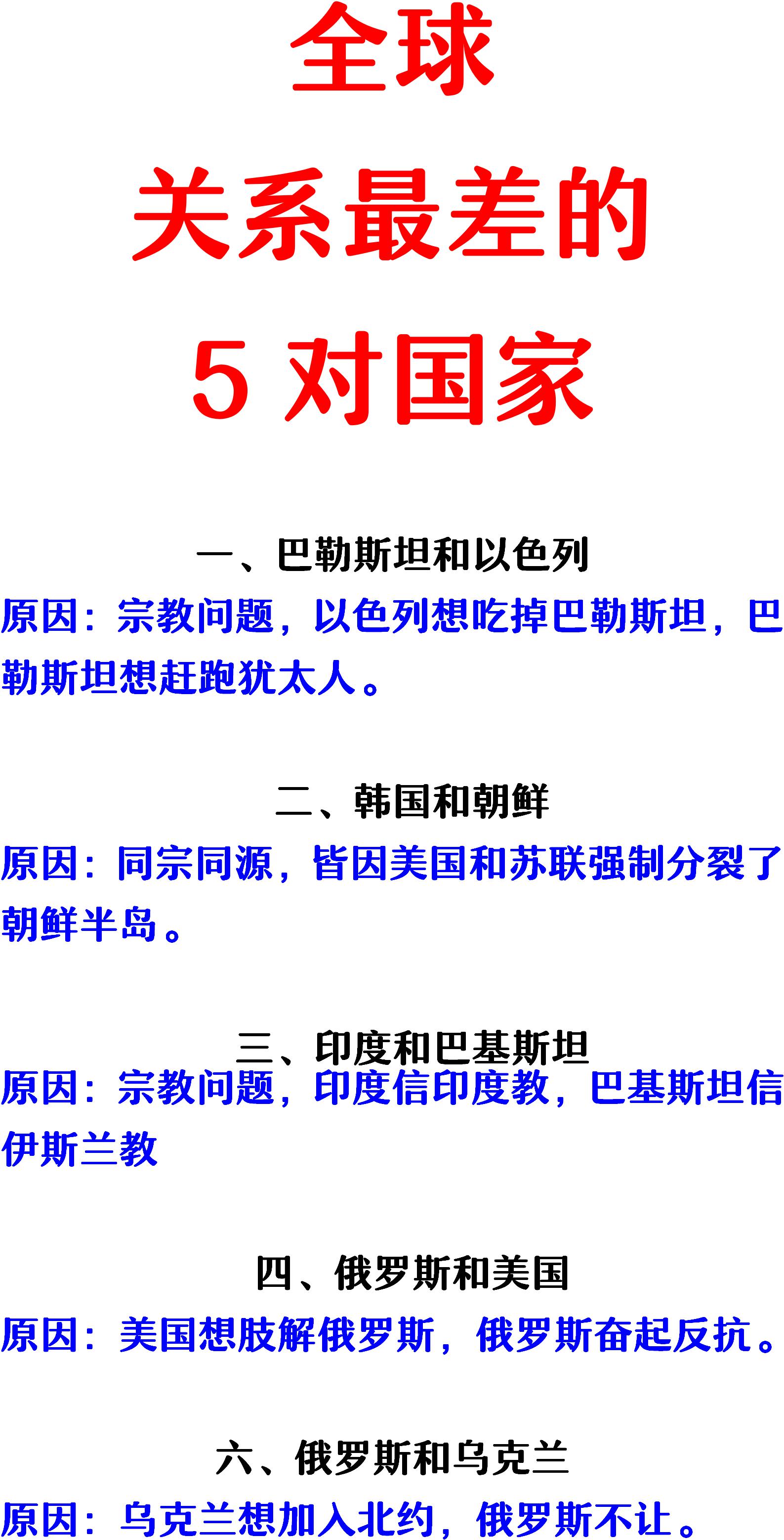 巴勒斯坦：死对头是以色列；
朝鲜：死对头是韩国；
巴基斯坦：死对头是印度；
俄罗