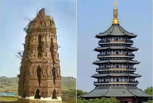 左边的雷峰塔，长的太丑了。所以即使到今天不倒塌，留着也没啥意思。
还是新建的雷峰