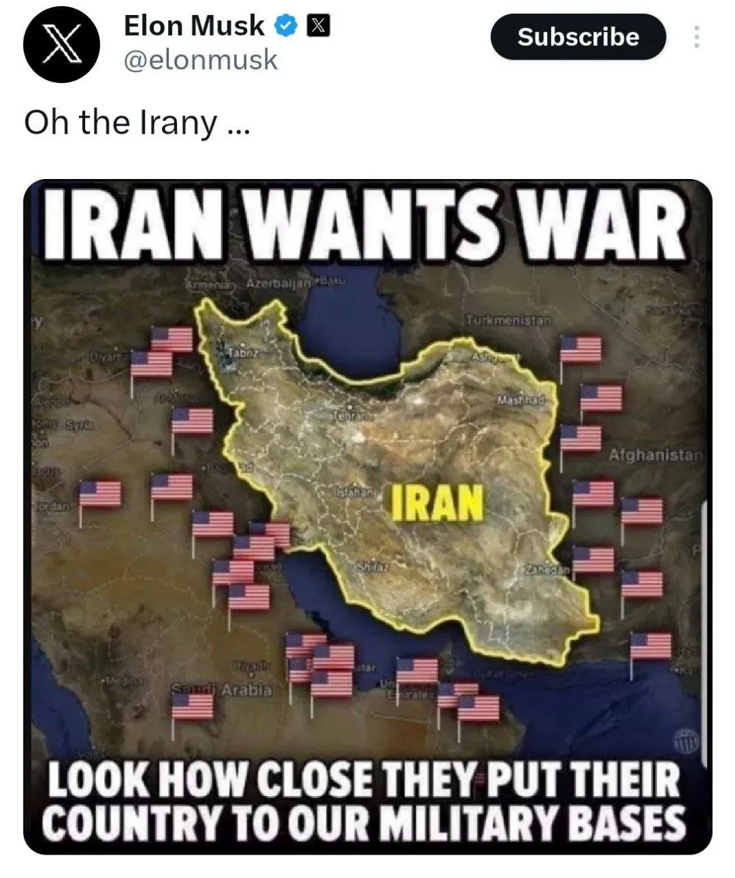 马斯克还是很不错的！
美国：伊朗为啥要把自己的国家放在美国军事基地旁边？你这不是