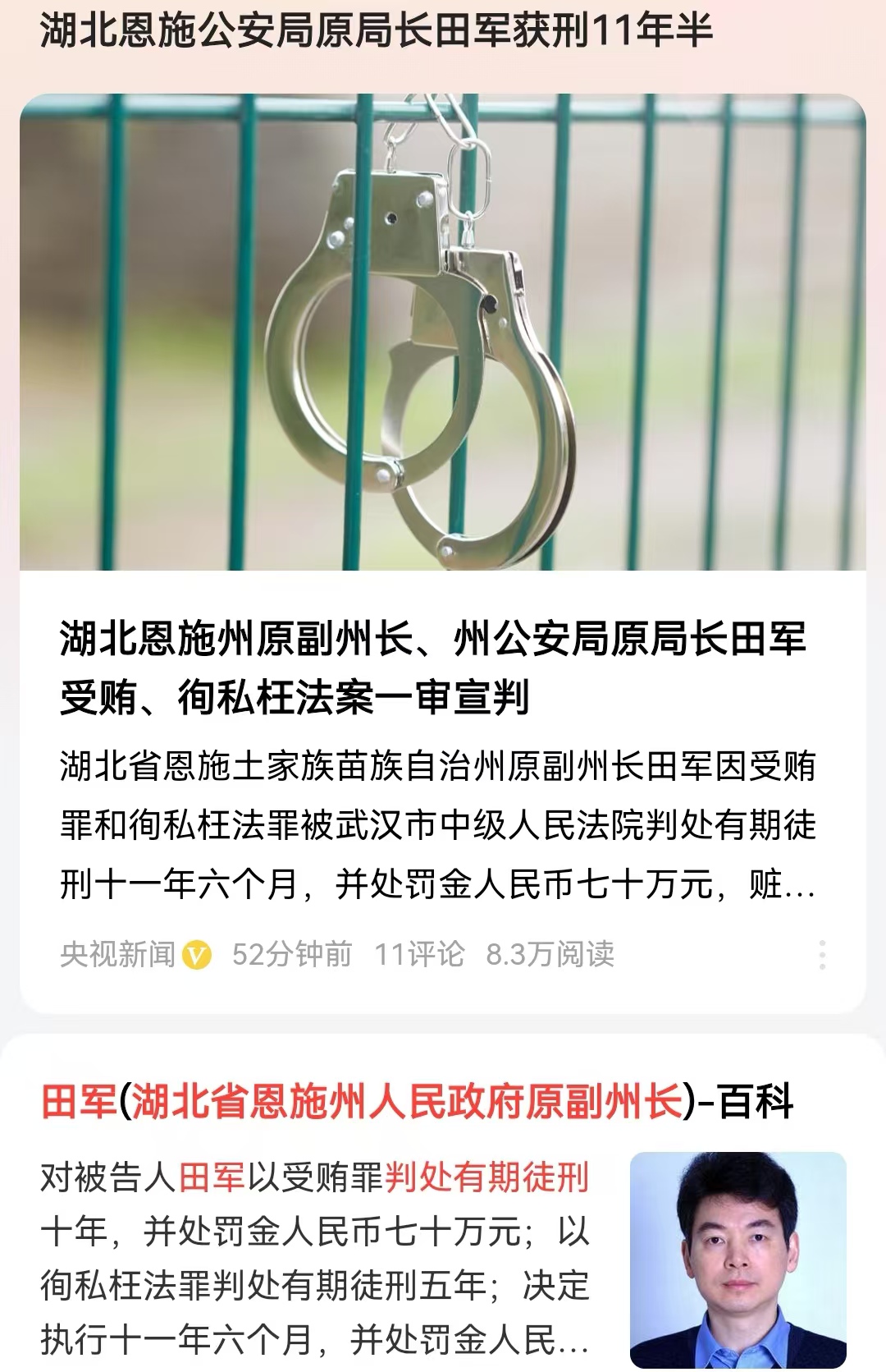 湖北恩施公安局原局长田军获刑11年半
