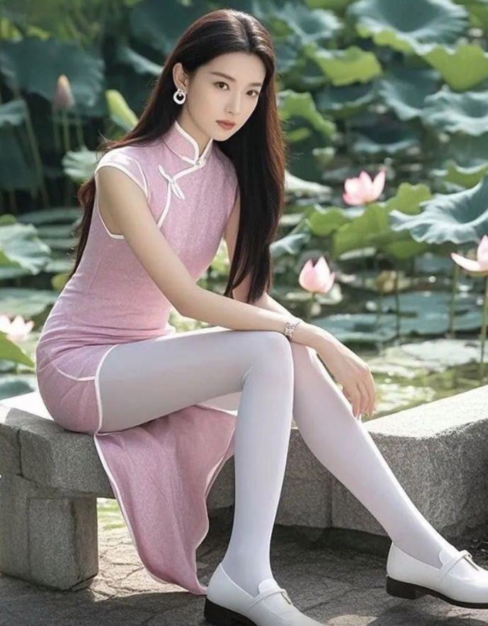 哇，这小姐姐坐在荷花池边，粉裙白丝，好一幅夏日荷花美人图！