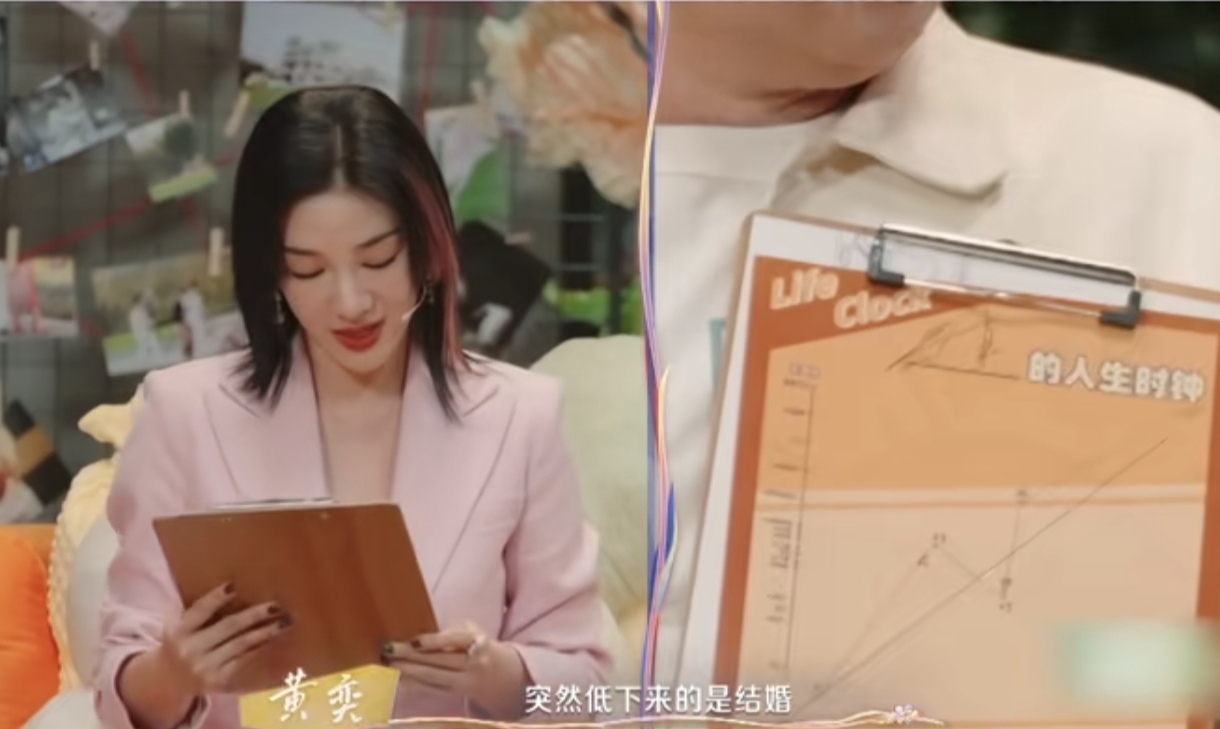 黄奕自认人生谷底是结婚。
黄奕在近日的节目中通过绘制自己的人生时钟，分享了她的人