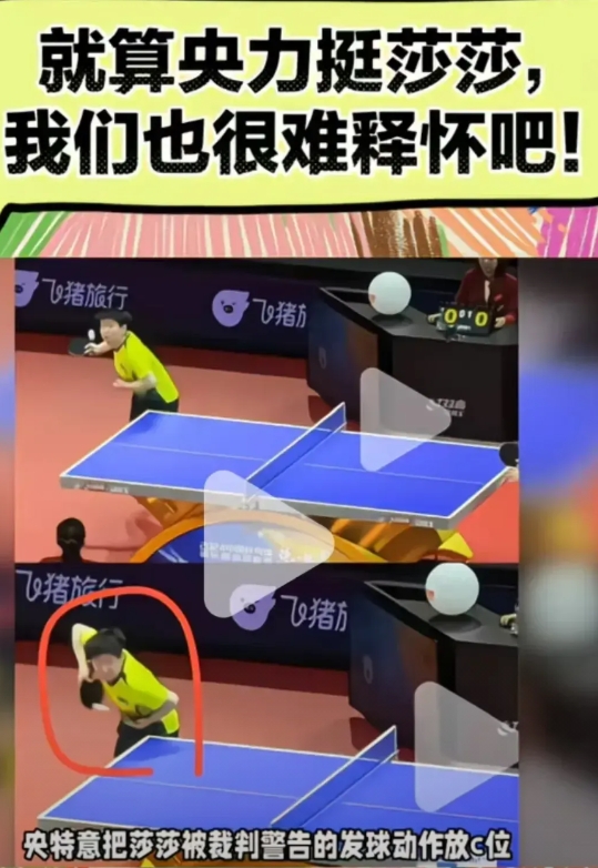 语言是苍白无力的，那就看图或视频吧。
这位高冷裁判说莎莎发球遮挡，莎莎的左手抛完