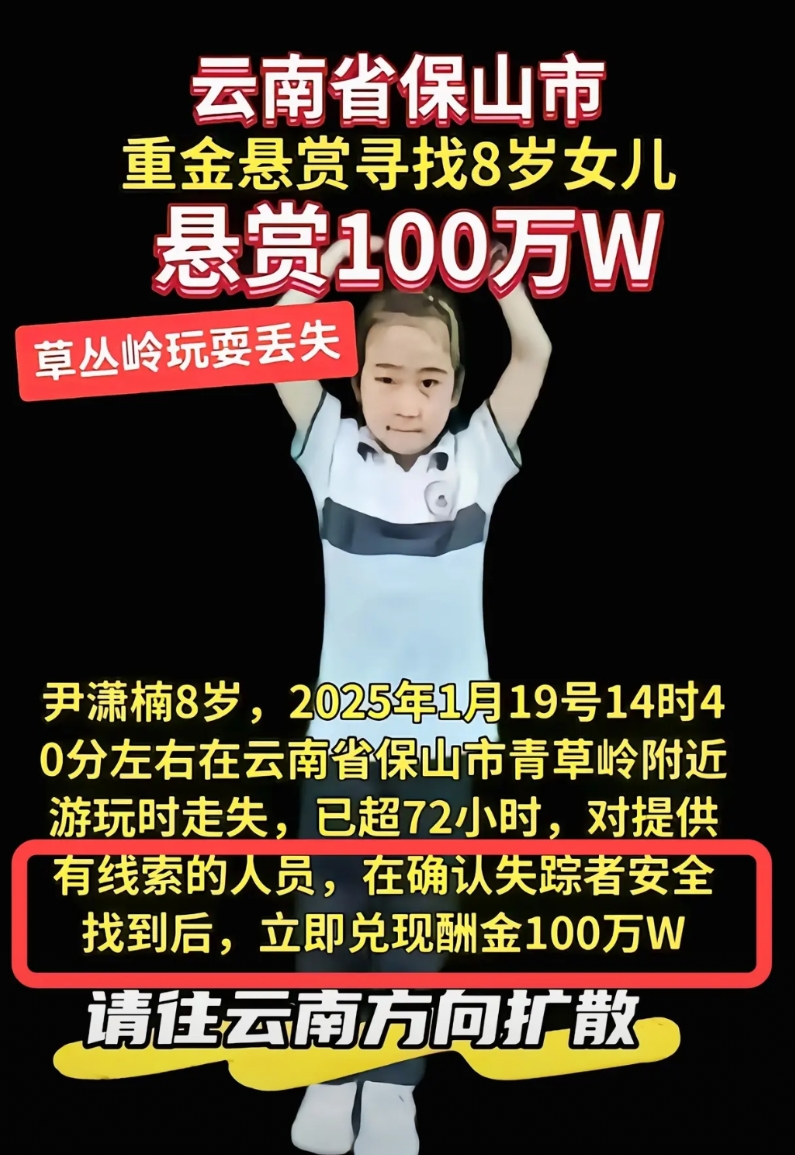 云南腾冲女童失踪，不少人质疑寻人启事，
说百万元寻人，却设了条件：人要安全！
这