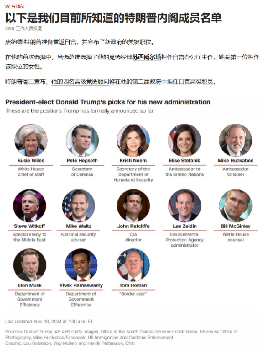 特朗普已经公布的内阁成员，全员“战鹰”，要么是对华强硬派，要么是以色列的坚定支持