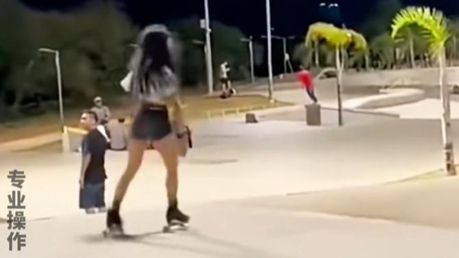 小姐姐轮滑反向空翻，划出绝美弧线
