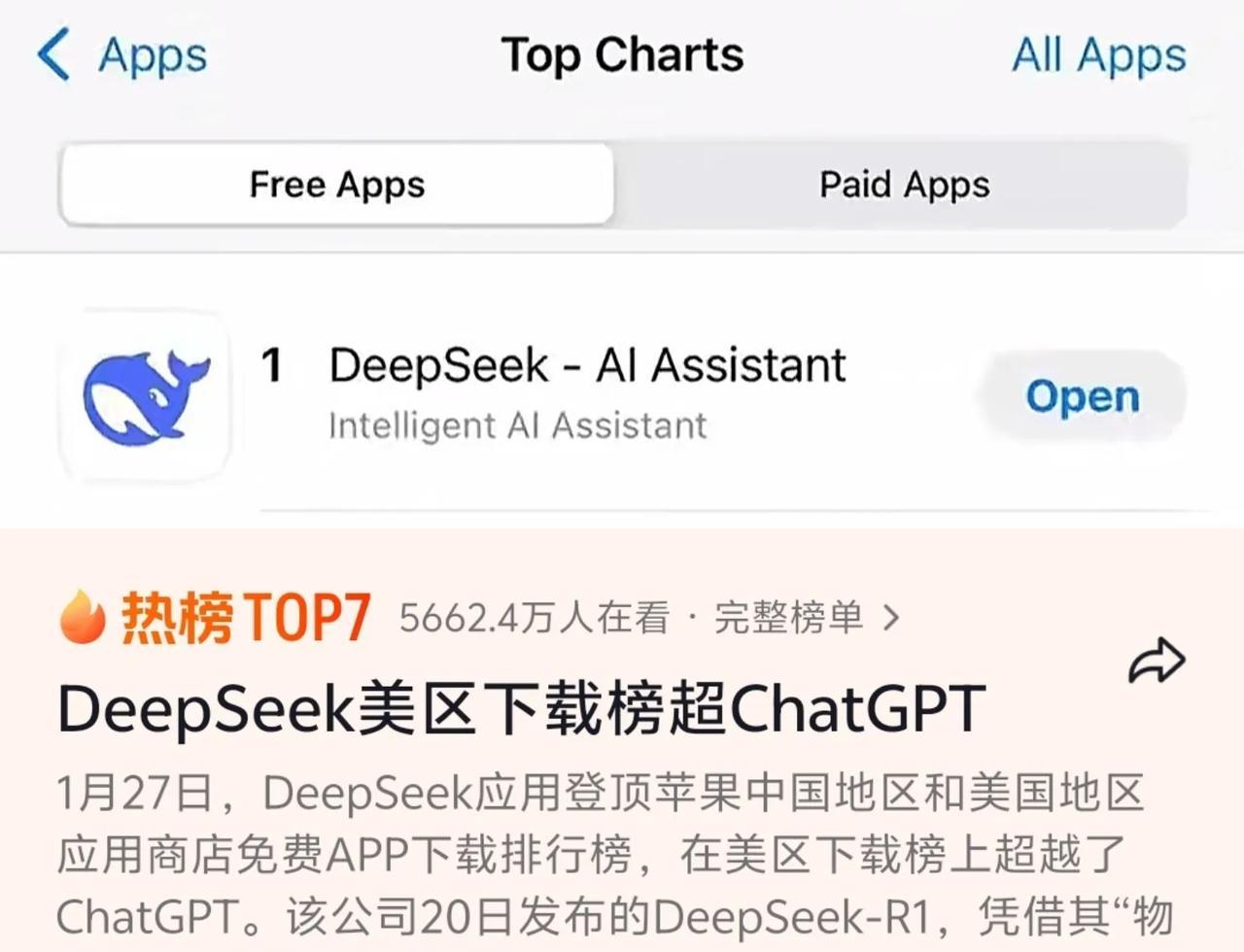 美国人的天都塌了，deepseek在美国那边，他的下载量已经超过了Chat gp