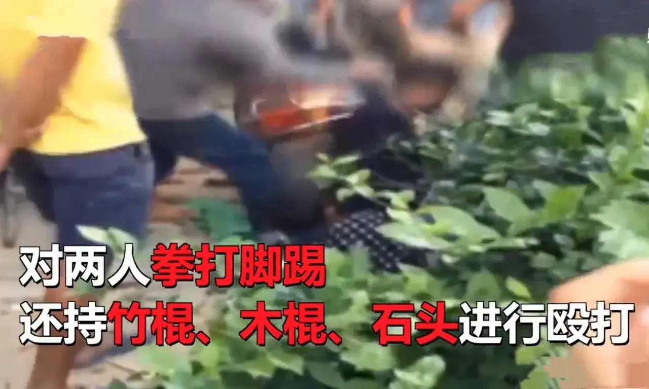 广西南宁，村民撞见两男子偷电瓶后，打电话叫人来抓贼。紧接着几十个村民拿着竹棍、木
