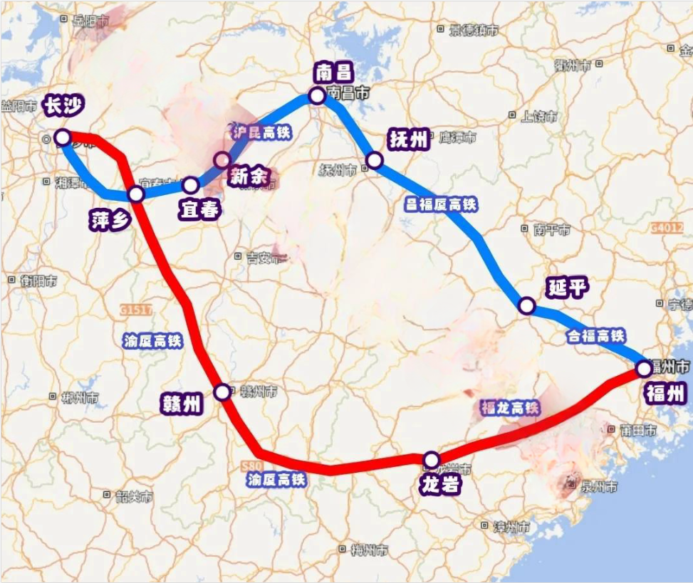 长沙至福州，未来有2条350km/h等级高铁通道？

通道一，由沪昆高铁和昌福厦