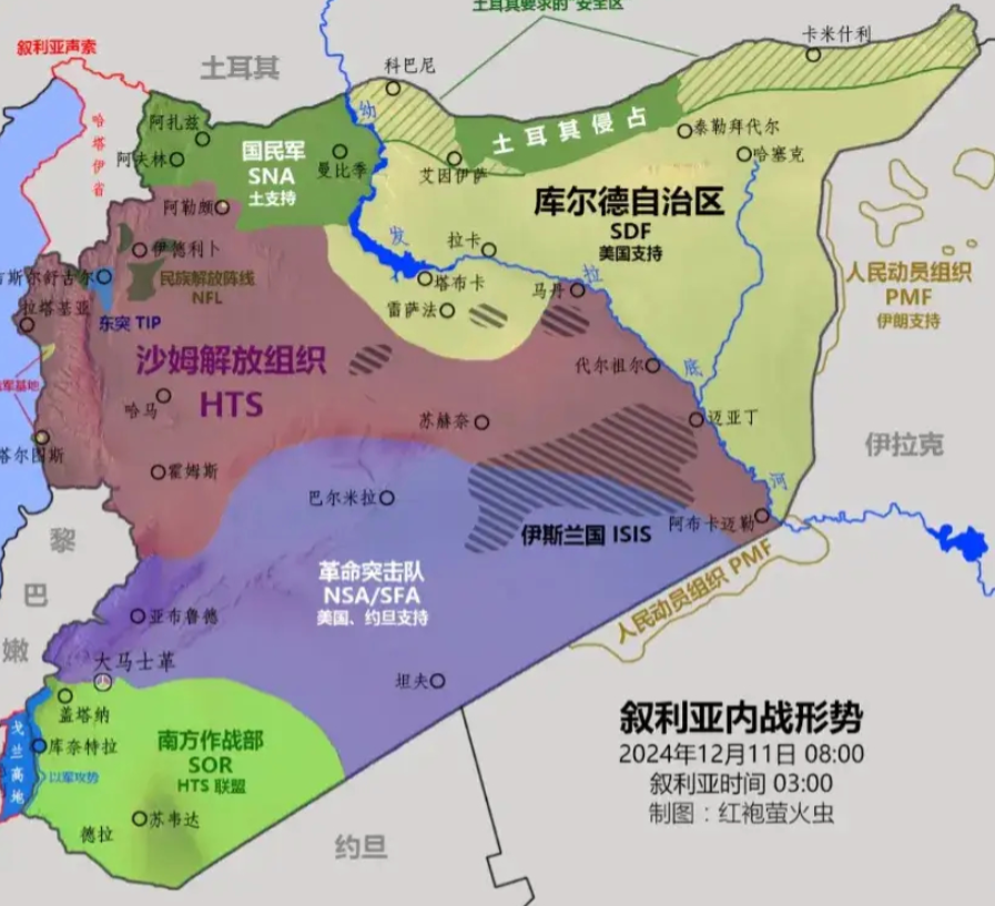 这是目前叙利亚内战形势图，已经乱成了一锅粥！
