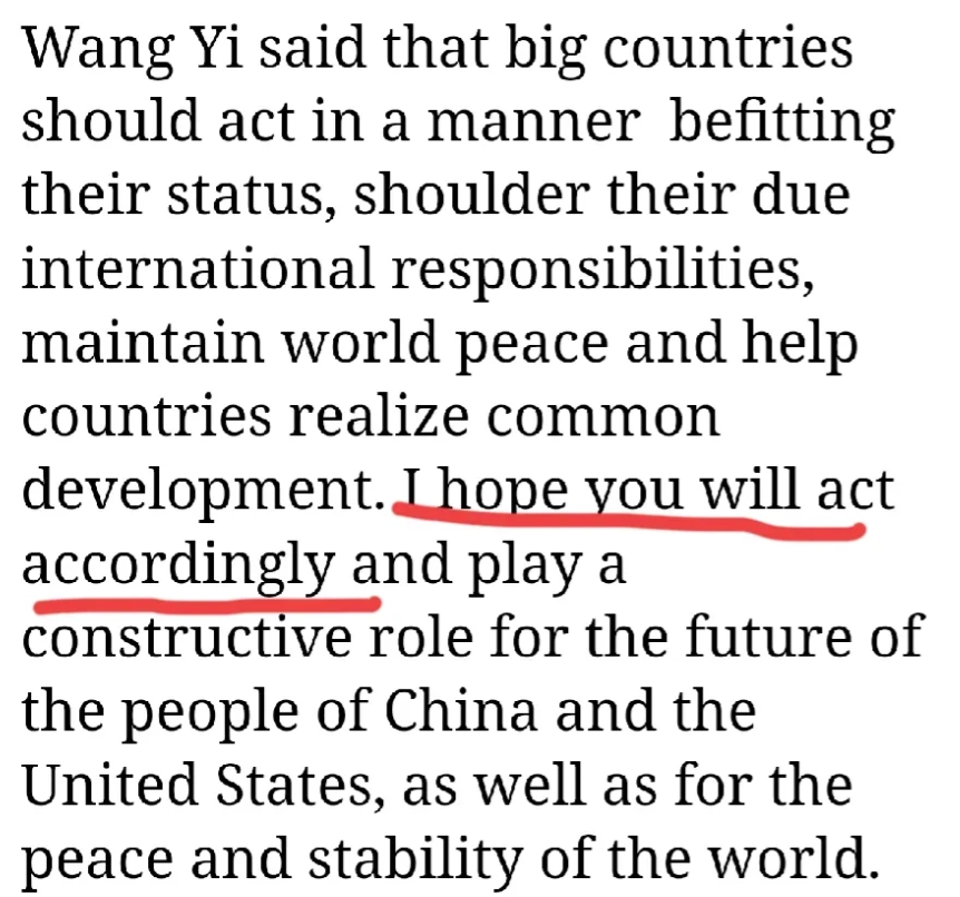 关于“好自为之”的中国外交部英文通稿来了，翻译相对温和，仅译为： I hope 