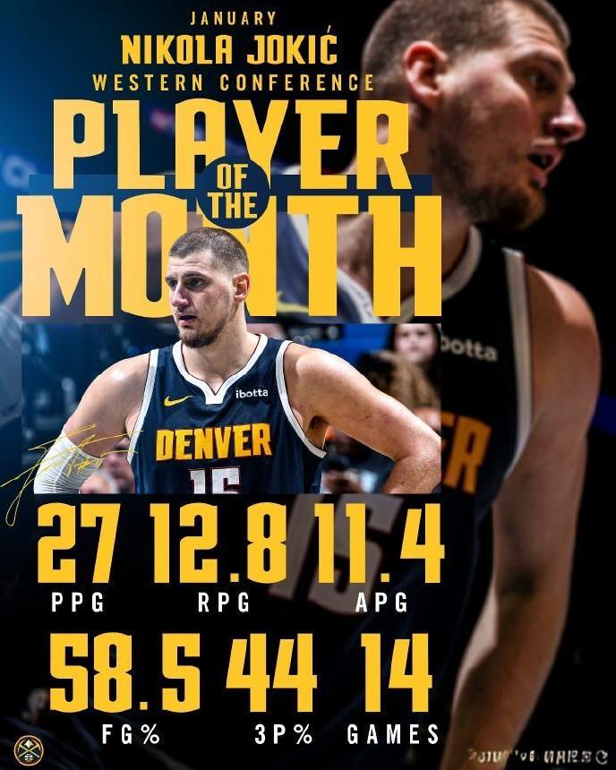 2月5日，NBA官方公布一月份东西部最佳球员，约基奇和字母哥分别当选！
约基奇一