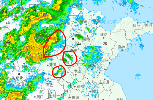 降水已在山东西部的聊城上线，此外鲁南的菏泽，济宁局部，鲁中的泰安南部等地也有分散
