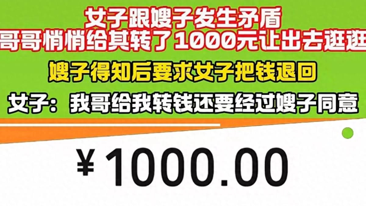 女子与嫂子发生矛盾，哥哥悄悄转给她1000元 嫂子知道后 让其转回来