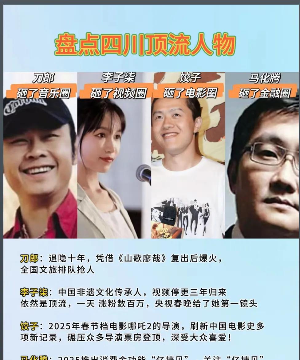 看到一张图
原来刀郎，李子柒，饺子导演
和马化腾都是四川的啊
都是响当当的人物