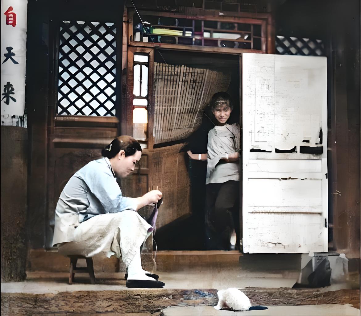 1942年6月，北京四合院里坐在门前择菜的妇人，掀开帘子额姑娘与边上守食的猫咪