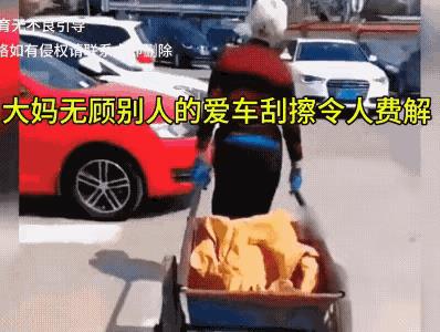 真是损人不利己！大妈拖着车子，路上明明宽宽敞敞的，可她偏偏要把拖车往停在路边的小