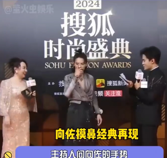 向佐居然在红毯上生气了，主持人问他摸鼻梁是专门为电影设计的吗，向佐严肃表示“其实