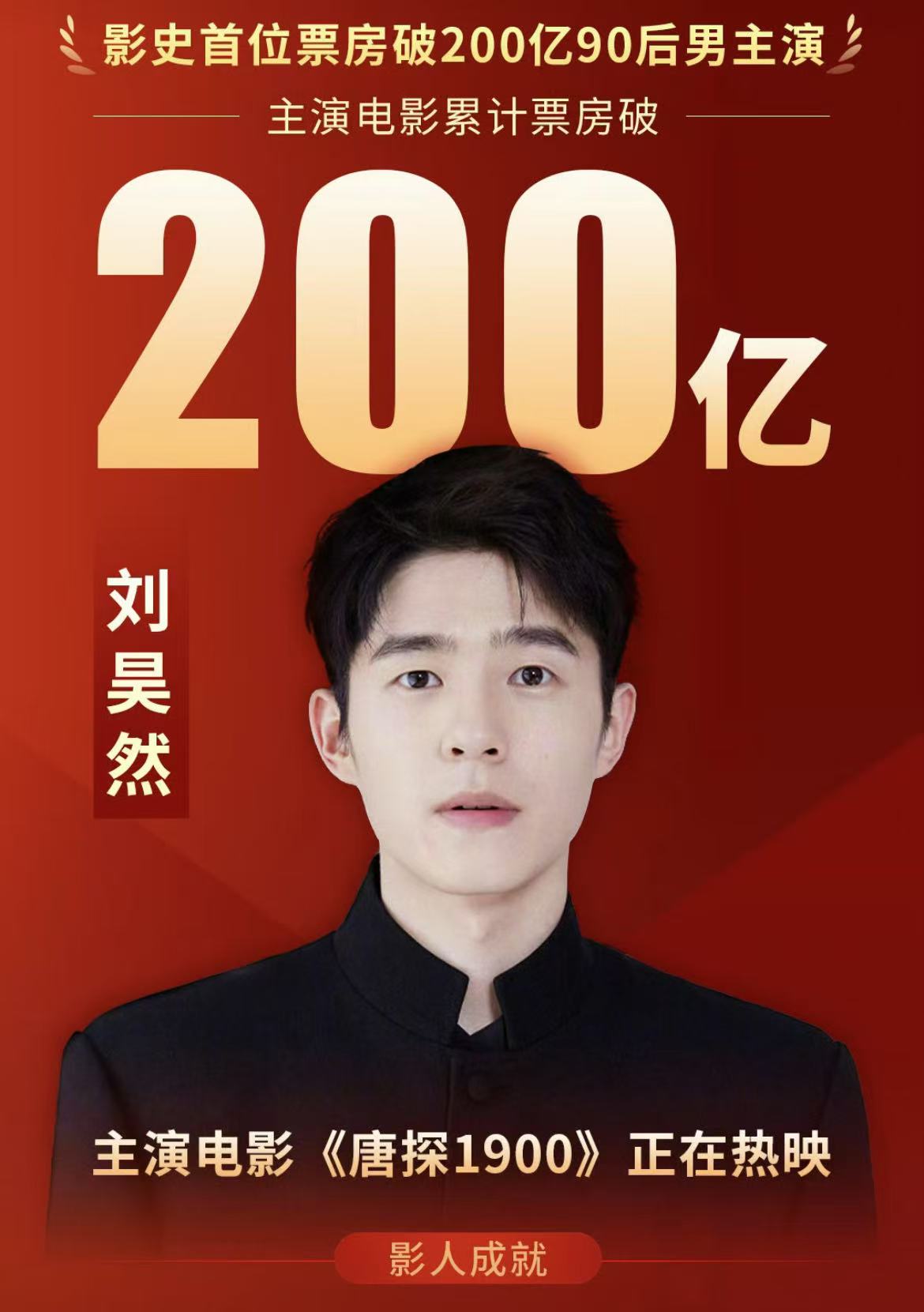 恭喜刘昊然！成国内影史首位票房破200亿90后男主演
