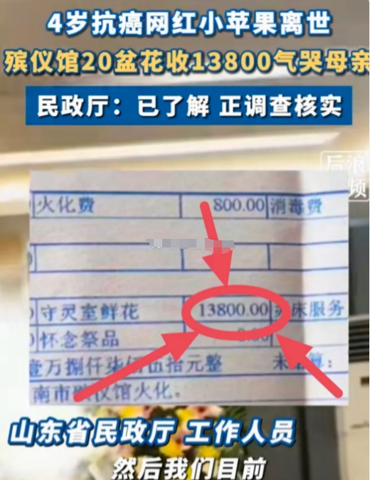 20盆鲜花收费1.38万，看到这账单真的是“死”不起了！

山东一4岁小孩去世，
