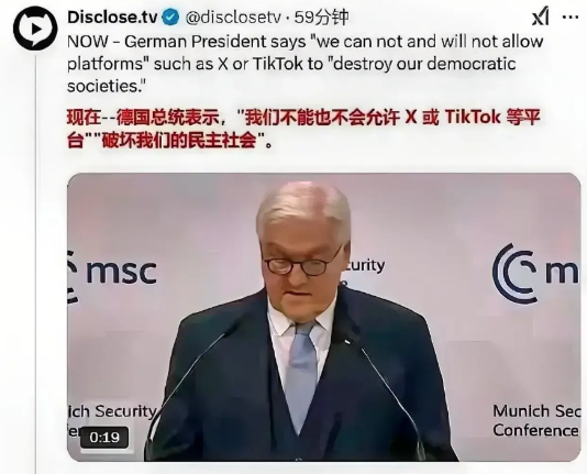 德国总统施泰因迈尔最近在公开场合上突然批评社交平台，称X和TikTok这些平台有