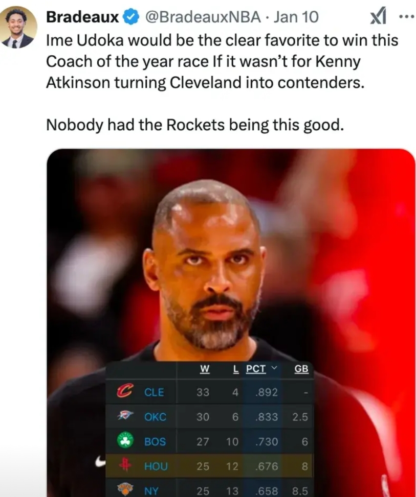 乌度卡评选年度最佳主教练主要对手是骑士的主教练阿特金森。乌度卡还是有点东西的，把