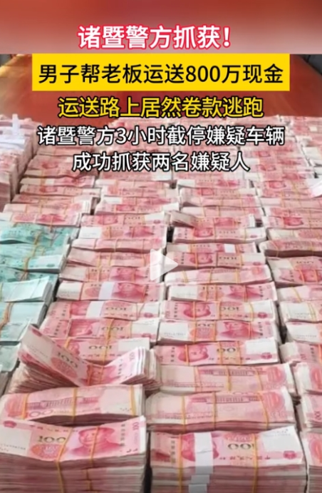 2024年12月3日浙江诸暨，男子帮老板护送800万巨款，路上男子动了贪念，竟趁