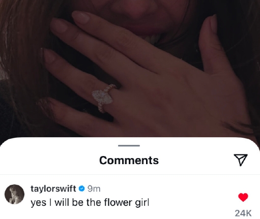 霉霉Taylor Swift祝贺赛琳娜订婚，在#赛琳娜宣布订婚#的官宣帖文下评论
