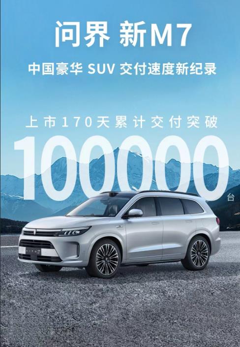 问界M7 上市 以来，平均每天交付588辆汽车，170 天交付量突破 10 万台