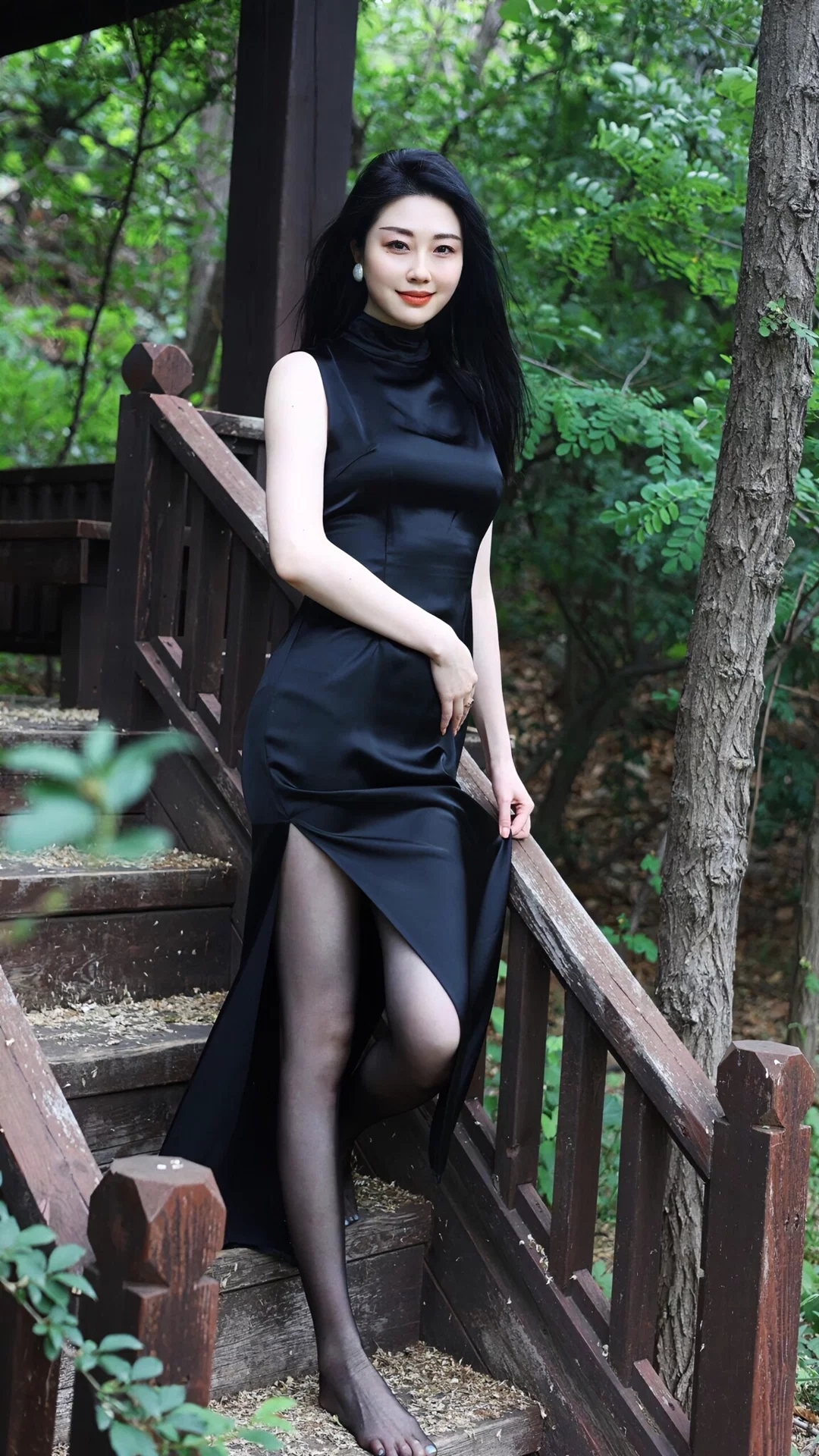 黑丝配黑裙，韵味十足啊