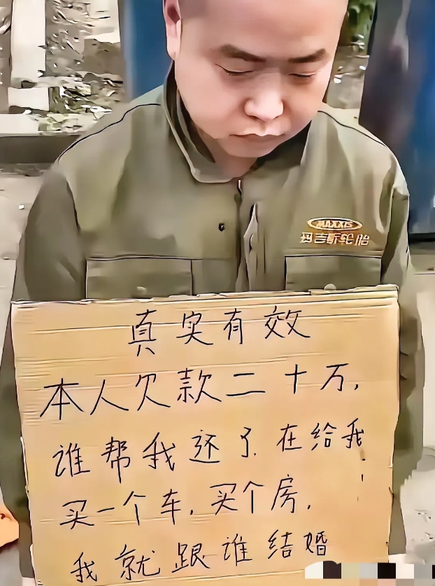 虽然长得丑，但是想得美啊！男子跪在地上，手上端着个纸壳，上面写的字简直让人大跌眼