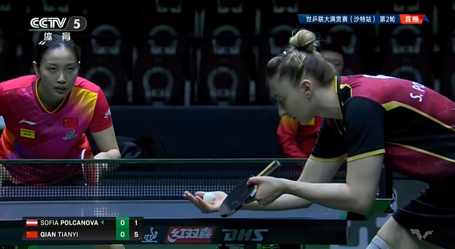 11-7，国乒美女钱天一先胜一局，暂时以1-0领先波尔卡诺娃！开局钱天一打得不错