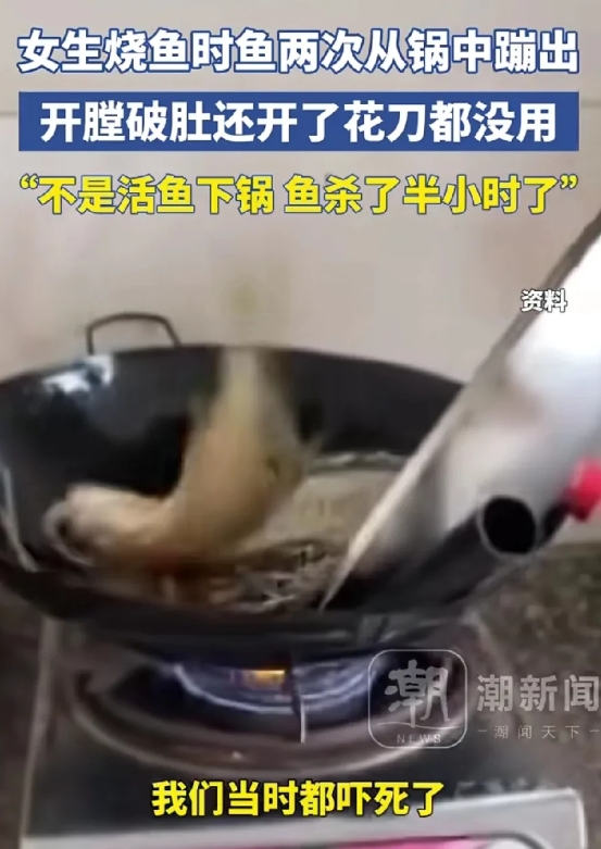 这怎么解释？1月26日，安徽宿州，女生烧鱼时，鱼两次从锅中蹦出，开膛破肚，还开了