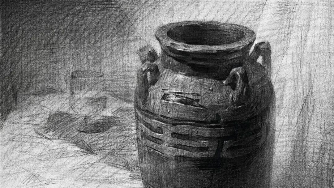 五个组合静物素描步骤图深色罐子和白色茶壶等