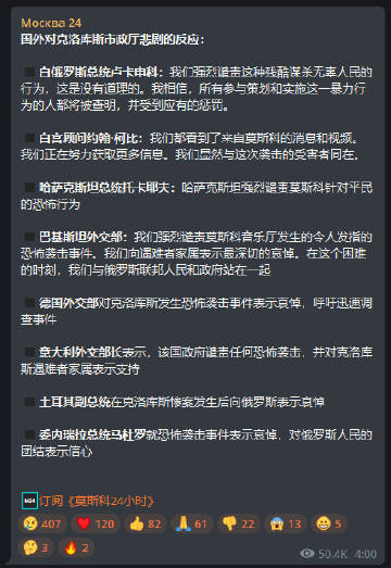 🔻目前已作出反应的国家列表。
🔻还在滚动更新中。
🔻源：莫斯科24频道。 