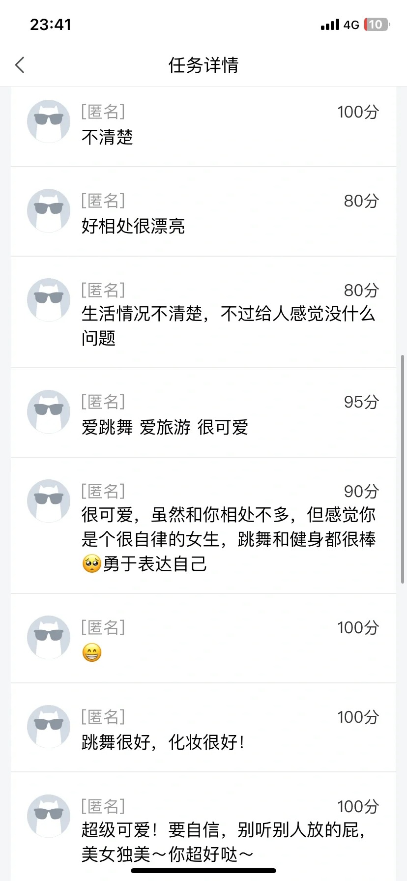 被全班同学匿名打分 没想到
以为会有一些不好的评价
因为前舍友有出去传我跳舞是为