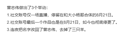 早有预兆！曾志伟连夜改名，账号停更12天！

9月3日，辛巴曝出三只羊女主播沫沫