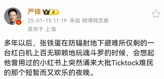 这两天中美网民小红书对账，我看复旦大学中文系严峰老师有一个短帖子，给大家骂得不行