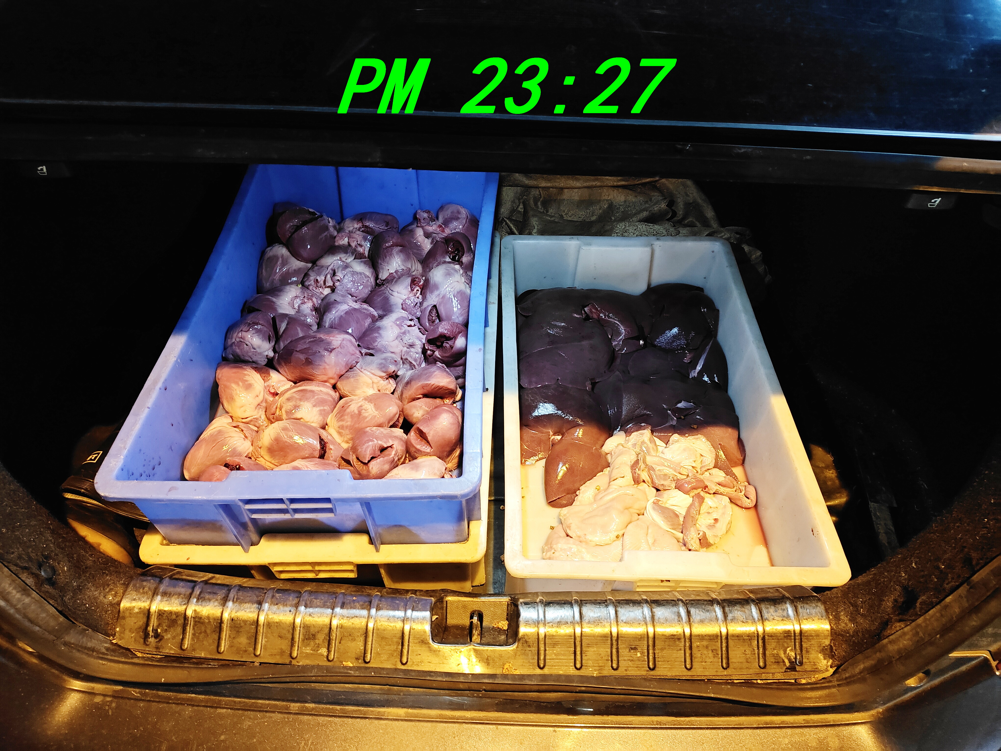 ​23点27分，广州番禺南村，标记猪杂粥店外，车尾箱里刚刚到货的屠宰场猪杂。#深