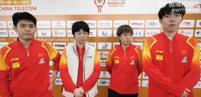 国乒混双四人采访区，在演“不合”。
在采访的时候，四个人的站位完全不像是一个队的