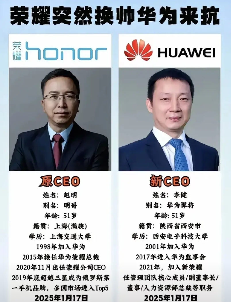 荣耀曾经的CEO和荣耀现在的CEO。二人同年，都是51岁,荣耀曾经的ceo学历更