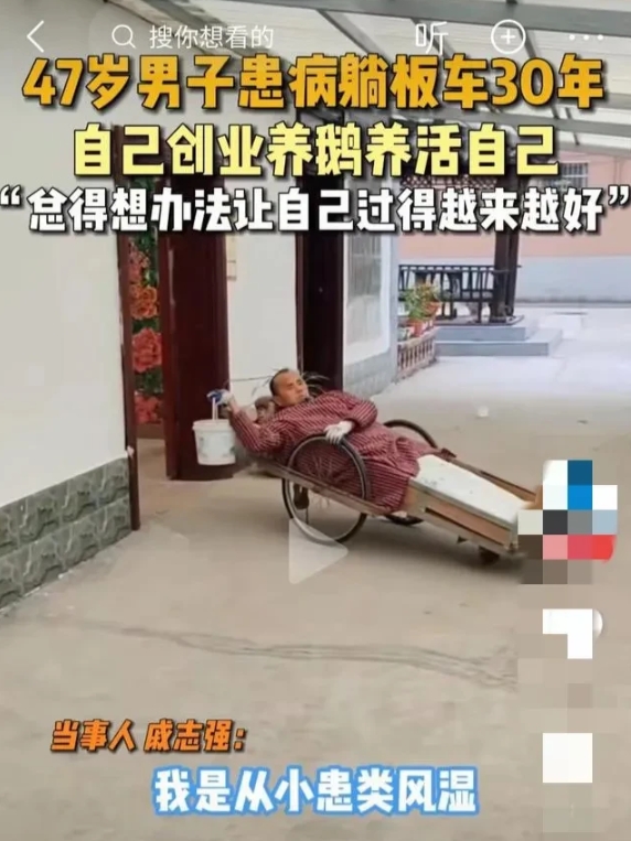 河南周口47岁男子因病躺板车30年，靠养鹅养活自己。

该男子自己说，他从小患有